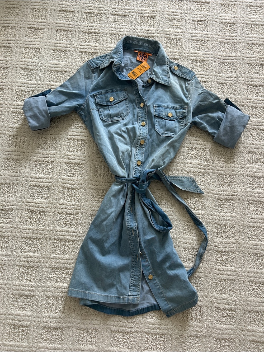 Tory Burch Light Blue Denim Shirt Dress with Tie Waist